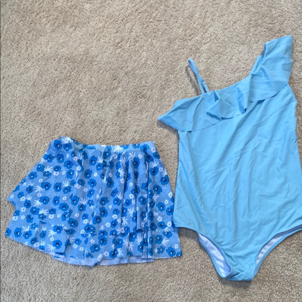 Blue Ruffled One-Shoulder Swimsuit and Floral Skirt Set